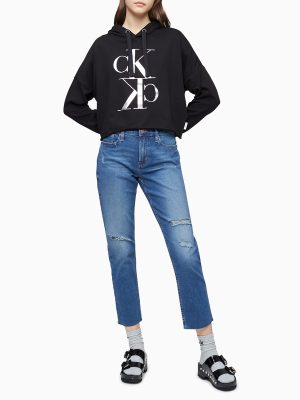 Metallic Monogram Logo Cropped Hoodie