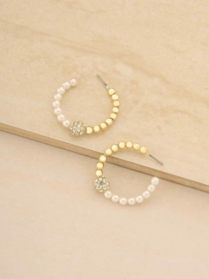 Golden Ball, Pearl, And Crystal 18k Gold Plated Hoops