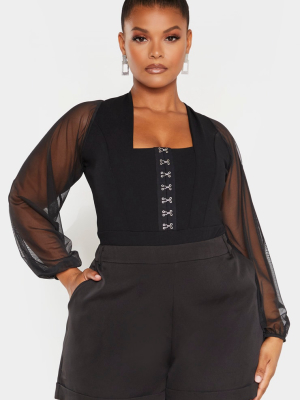 Plus Black Eyelet Detail Mesh Sleeve Bodysuit