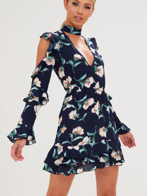 Navy Floral Choker Detail Bodycon Dress