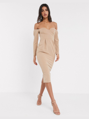 Asos Design Fallen Shoulder Bust Cup Midi Dress In Mocha