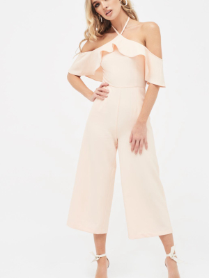 Bardot Frill Halterneck Culotte Leg Jumpsuit In Nude