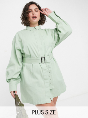 Collusion Plus Belted Shirt Mini Dress In Green