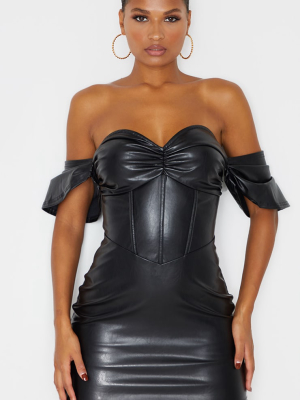 Black Faux Leather Bardot Ruched Corset Bodycon...