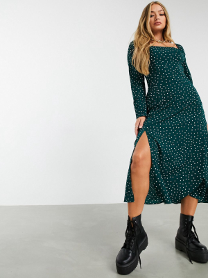 Asos Design Square Neck Midi Skater Dress In Polka Dot