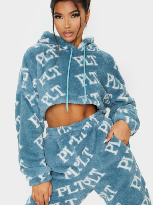 Prettylittlething Blue Slogan Printed Borg Hoodie