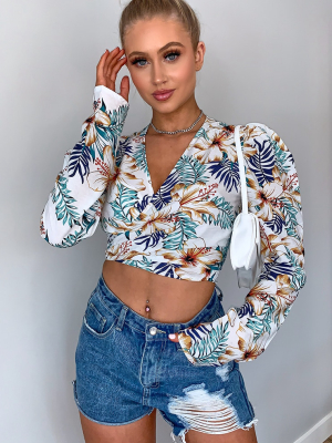 Stone Hawaiian Print Puff Sleeve Tie Front Crop...