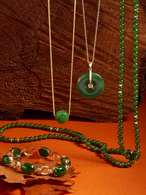 Green Nephrite Jade & Gold Station Rope Necklace