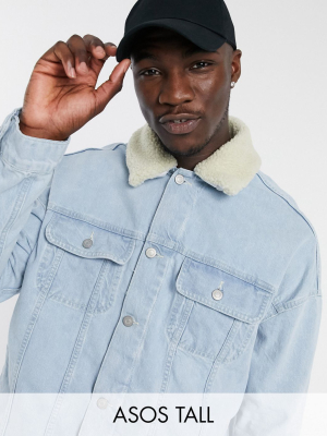 Asos Design Tall Oversized Denim Jacket With Detachable Sherpa Collar In Light Wash Blue