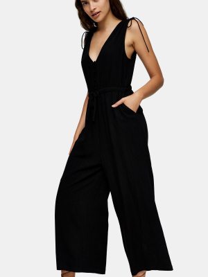 Black V Neck Jumpsuit With Linen