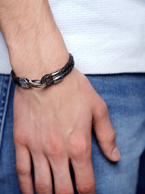 Men's Black Leather Bracelet With Silver Bali Clasp Lock