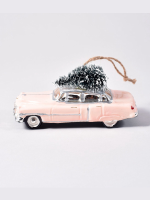 Pink Cadillac Glass Ornament