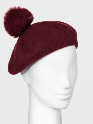 Women's Faux Fur Pom Felt Beret Hat - A New Day™ Purple One Size