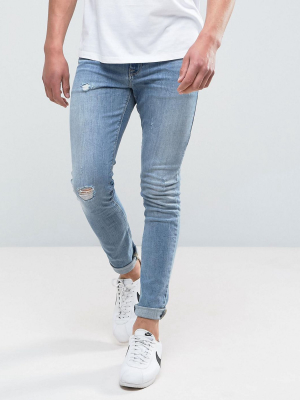 Asos Design Super Skinny Jeans In Mid Wash Blue With Abrasions