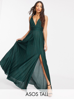 Asos Design Tall Exclusive Knot Strap Pleated Maxi Dress In Forest Green