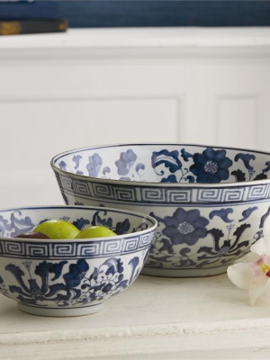 Set Of 2 Blue And White Lotus Flower Lianzu Decorative Bowls