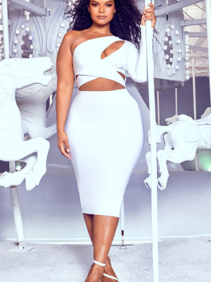 Plus White Cut Out One Shoulder Midi Dress