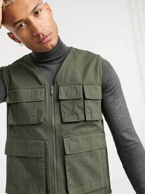 Only & Sons Utility Vest With Pockets In Khaki