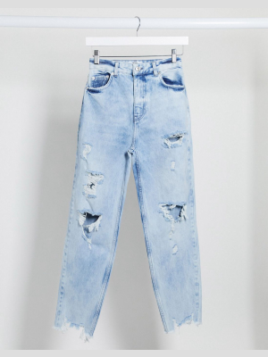 Bershka Ripped Mom Jean In Blue