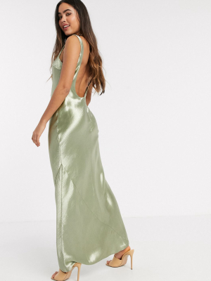 Asos Design Scoop Back Bias Cut Satin Maxi Dress In Milky Khaki