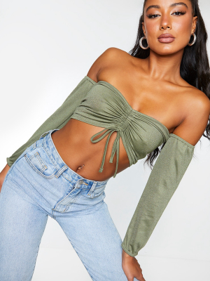 Olive Ruched Detail Bardot Long Sleeve Crop Top