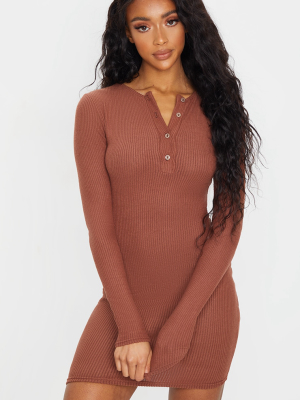 Chocolate Brushed Rib Long Sleeve Bodycon Dress