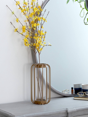 16" X 7" Modern Glass With Metal Bars Vase Candle Holder Gold - Olivia & May