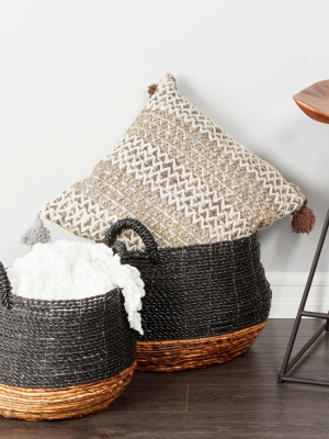 Olivia & May 18"x14" Set Of 2 Large Round Blocked Banana Leaf Storage Baskets Gray/natural