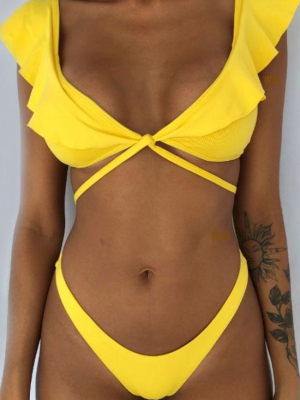 Multi Way Solid Brazilian Cut Ruffle Bikini Swimsuit - Two Piece Set