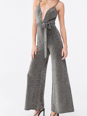 Plunging Belted Metallic Jumpsuit