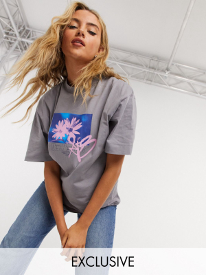 Collusion Flower Graphic Print Oversized T-shirt In Gray