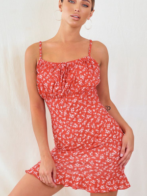 Red Ditsy Floral Tie Front Frill Hem Shift Dress