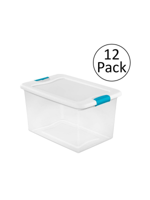 Sterilite 64 Quart Latching Plastic Storage Box, Clear W/ Blue Latches