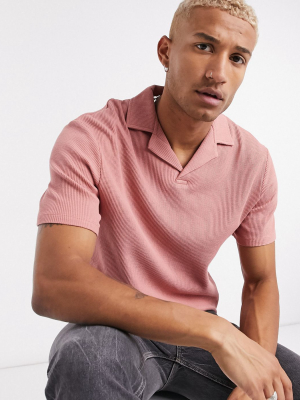 Asos Design Waffle Camp Collar Polo Shirt In Dusty Pink