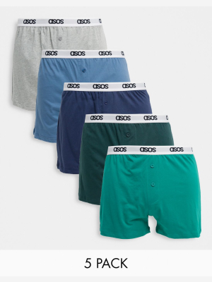 Asos Design 5-pack Boxer Shorts With Branded Waistband