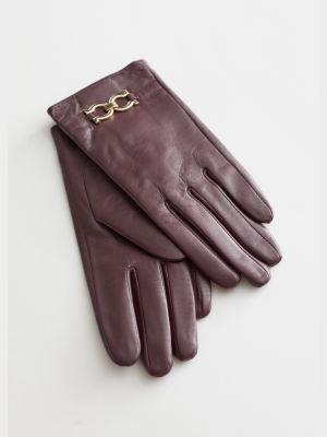 Buckle Embellished Leather Gloves