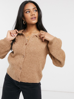 Asos Design Fluffy Collared Sweater With Placket Detail In Camel