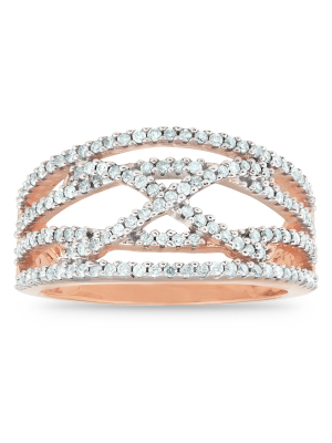 Pompeii3 1/2 Ct Diamond Multi Row Crossover Right Hand Cocktail Ring 10k Rose Gold