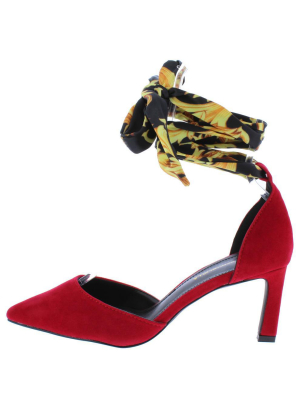 Scarlett Red Pointed Toe Fabric Ankle Wrap D'orsay Heel