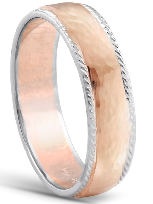 Pompeii3 Mens 14k White & Rose Gold Ring Two Tone Polished Hammered & Rope Wedding Band