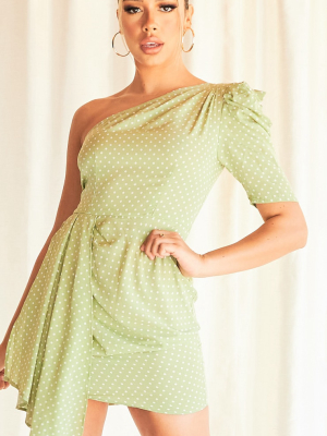 Sage Green Polka Dot One Shoulder Drape Detail...