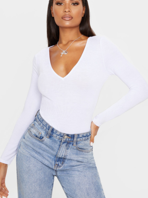 Basic White V Neck Long Sleeve Bodysuit