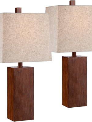 360 Lighting Modern Accent Table Lamps Set Of 2 Brown Wood Rectangular Tan Fabric Shade For Living Room Family Bedroom Office