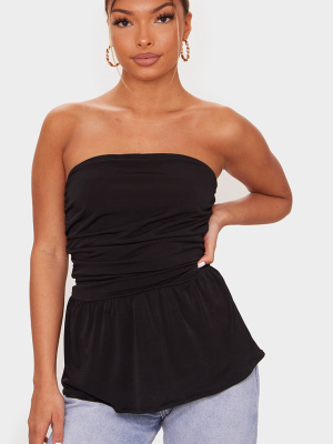 Black Ruched Peplum Hem Bandeau Long Top