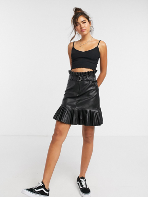 New Look Belted Faux-leather Pleated Mini Skirt In Black