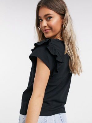 Mango Frill Sleeve T-shirt In Black