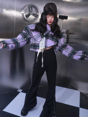 Iva Plaid Long Sleeve Irregular Crop Jacket