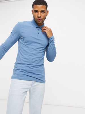 Asos Design Organic Muscle Fit Long Sleeve Jersey Polo In Blue