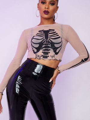 Nude Mesh Skull Printed Crop Top