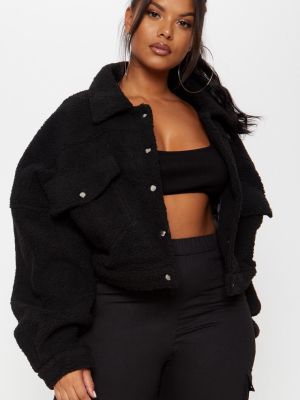 Plus Black Cropped Borg Trucker Jacket